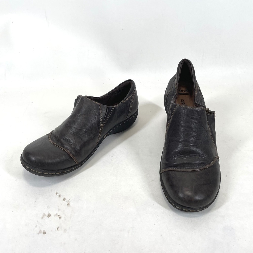 Clarks Collection Cushion Soft Dark Brown Leather Loafers Side Zip Womens 9 M